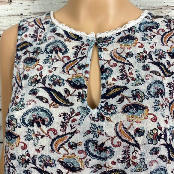 Susina Nordstrom Gray Floral Lace Trim Keyhole Peasant Tank Top Shirt Large - Picture 8 of 9